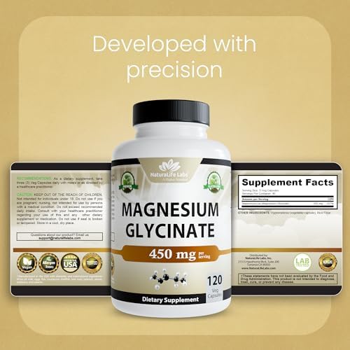 NaturaLife Labs Magnesium Glycinate - 450 mg per Serving – 120 Vegan Capsules - Non-GMO, Gluten-Free, Vegan