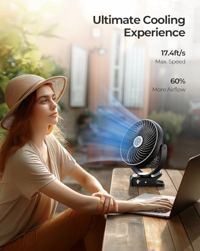 Koonie 8" Clip on Fan, 10000mAh Rechargeable Battery, Strong Airflow, Black