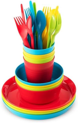 Plaskidy Kids Dinnerware Set for 4-24 Piece Plastic Childrens Dishes Dinnerware Sets Microwave/Dishwasher Safe BPA Free - Toddler Dinner Set