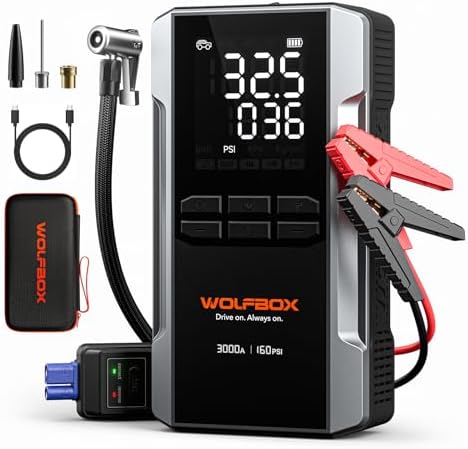 WOLFBOX MV16A 3000A Jump Starter with Air Compressor, 59.2Wh&160PSI Portable Car Battery Jump Starter with 65W Fast Charging, 12V Battery Pack (8L Gas 6L Diesel) with Boost, Light and Jumper Cables