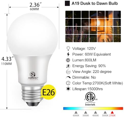 Energetic 4-Pack Dusk to Dawn LED Outdoor Light Bulb, 60 Watt Equivalent(6W), 800LM, Warm White 3000K, E26 Base
