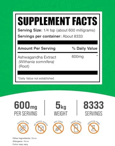 BulkSupplements.com Ashwagandha Root Extract Powder - Ashwagandha Supplement, Herbal Supplement - Vegan & Gluten Free, 600mg per Serving, 1kg (2.2 lbs) (Pack of 1)