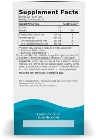 Nordic Naturals Ultimate Omega + CoQ10, Lemon - 60 Soft Gels - 1280 mg Omega-3 + 100 mg CoQ10 - Heart Health, Cellular Energy, Antioxidant Support - Non-GMO - 30 Servings