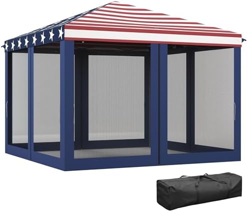 Outsunny 10' x 10' Pop Up Canopy Tent with Netting Carry Bag American Flag | Instant Gazebo, Screen House Room, Height Adjustable, Outdoor, Garden