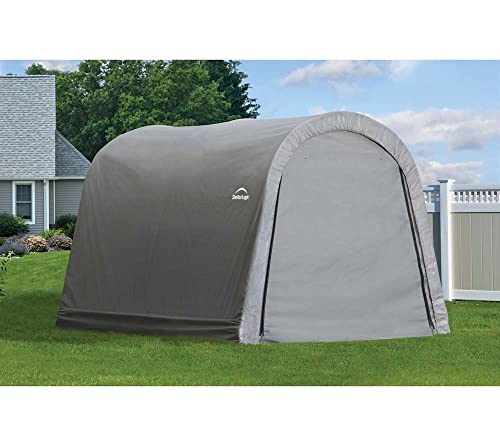 ShelterLogic 10' x 10' Shed-in-a-Box All Season Steel Metal Round Roof Outdoor Storage Shed with Waterproof Cover and Heavy Duty Reusable Auger Anchors, grey