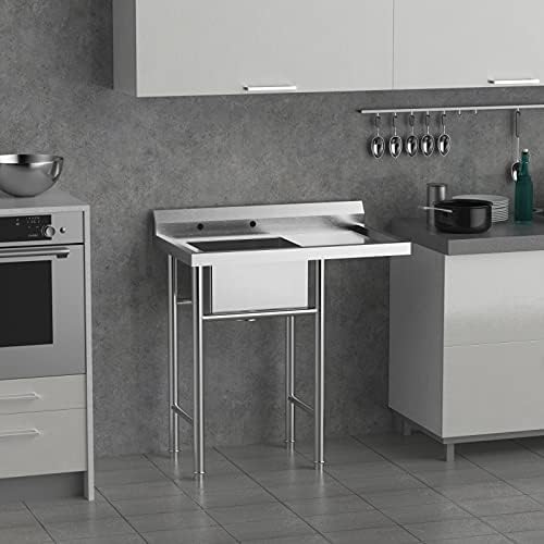 Bonnlo 304 Stainless Steel Utility Sink with Drainboard, One Compartment Workbench Sink Commercial Sink for Restaurant, Laundry Room, Backyard