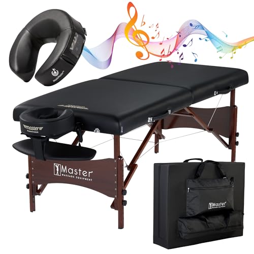Master Massage Newport Portable Massage Table Package with Denser 2.5" Cushion, Walnut Stained Hardwood, Steel Support Cables, Pillows & Accessories, Black, 30"
