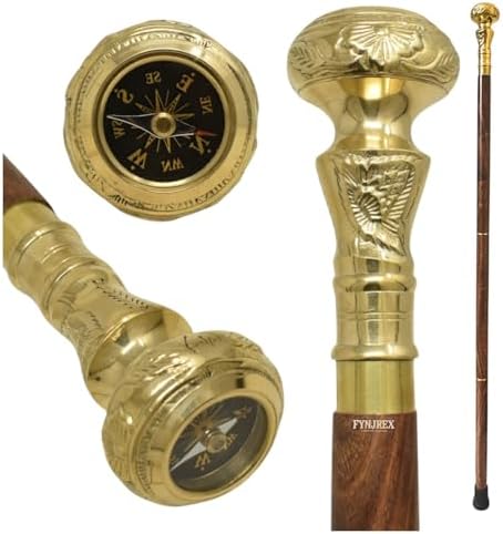 FYNJREX Travelers Compass Gentleman's Walking Stick, Fancy Cane for Women, Brass Handle and Hardwood Cane, Fold able Wooden Canes, Gift Idea