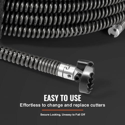 VEVOR Drain Cleaning Cable 100 FT x 5/8 Inch, Professional Sectional Drain Cleaner Cable with 7 Cutters for 0.8" to 3.9" Pipes for Hollow Core Sewer Cleaner Auger Sink, Toilet