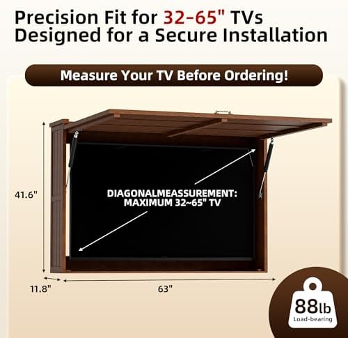 Outdoor TV Enclosure, Fit for 32-55 Inch TV, Solid Wood Wall-Mounted TV Cabinet with Dual-Arm Steel Bracket, Includes 600D TV Cover (Walnut Color)