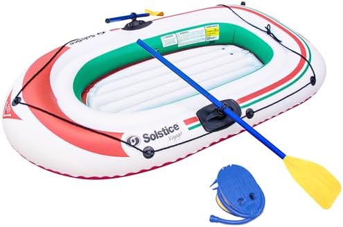 Solstice Voyager 4-Person Inflatable Fishing Boat with Dual Swivel Oar Locks and Rod -Holder, Motor Compatible 9' x 5'