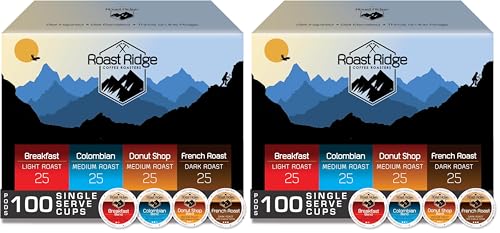 Roast Ridge Single Serve Coffee Pods for Keurig K-Cup Brewers, Variety Pack, Light Roast, Medium Roast, Dark Roast, 100 Count (25 Each: Breakfast Blend, Donut Shop, French Roast, Colombian)