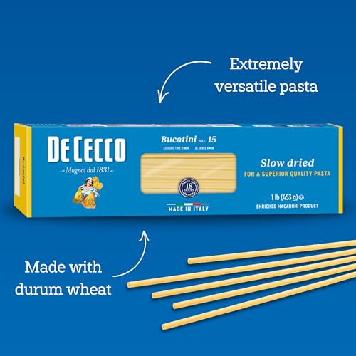 De Cecco Bucatini No. 15 Pasta, 16 Oz | Authentic, Slow Dried, Made with Semolina and Durum Wheat, Versatile Pasta for Sauces & Recipes, Made in Italy