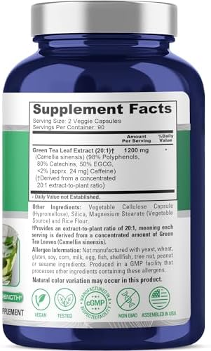 NusaPure Green Tea, 1200 mg, Non GMO, Vegan, 180 Veggie Caps - 90 Servings | Camellia Sinensis 20:1 Extract, Supports Nutritional Supplementation