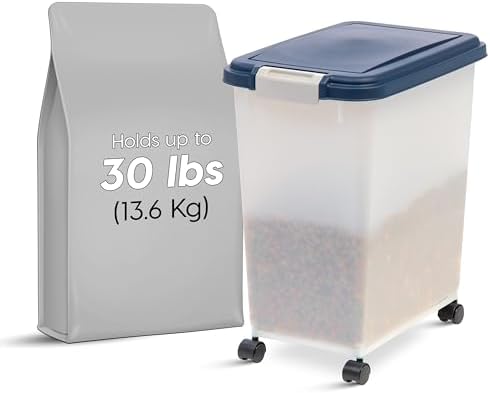 IRIS USA Dog Food Storage Container, Up to 30 lbs, Navy/Pearl, Made in USA | Wheels for Mobility, Airtight Seal, BPA-Free, Best for Bird Seed, Cat food, Cat Litter, Chicken Feed, Pellets