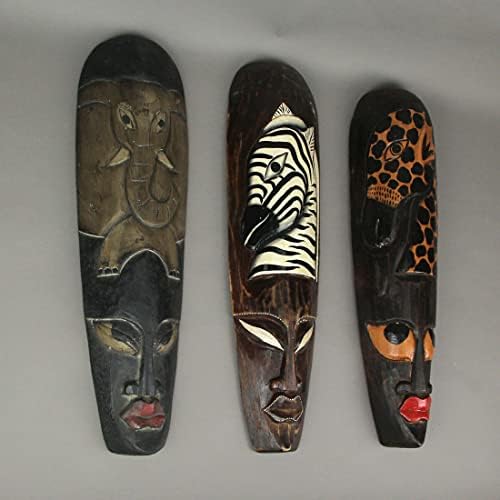 Set Of 3 African Wildlife Wooden Wall Masks | 19 In. Tall by 5 In. Wide, 2 In. Deep, Hand-Painted, Handcarved by Artisans, Fair Trade Item