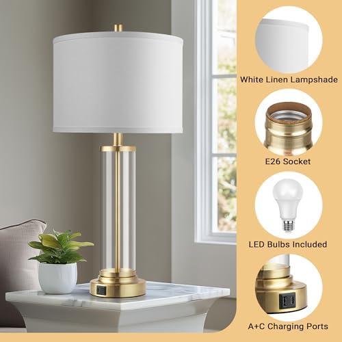 QiMH Lamps for Bedrooms Set of 2, Touch Control Table Lamps with USB A+C Ports, 3-Way Dimmable Bedside Lamp with Fabric Lampshade