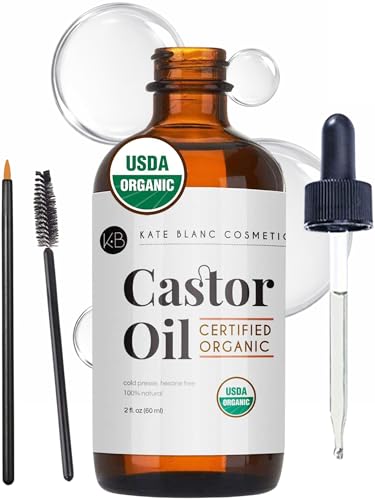 Kate Blanc Cosmetics Castor Oil Organic (4oz), 100% Pure, Cold Pressed, Hexane Free. Natural Oil for Hair, Eyelashes, Eyebrows. Skin Moisturizer with Starter Kit