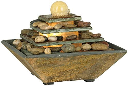 Pyramid 10" High Feng Shui Ball Lighted Table Indoor Small Fountain | Zen Modern Decor Slate Stone Tabletop with Light Waterfall Rock Water Feature for Desk Relaxation Bedroom Living Room
