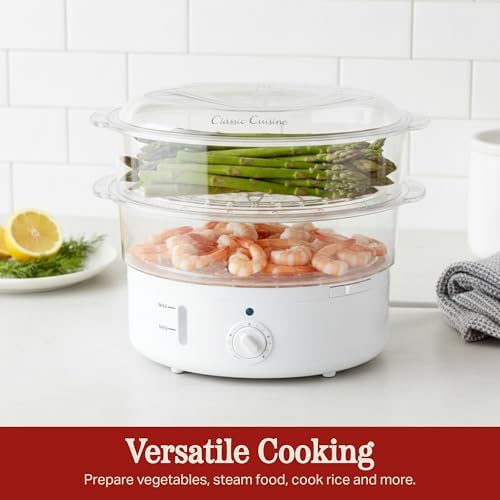 Classic Cuisine 2-Tier Vegetable Steamer and Rice Cooker, 120V 60Hz 800W | 6.3 Quart Electric Steamer for Cooking Healthy Fish, Eggs, Vegetables, Rice