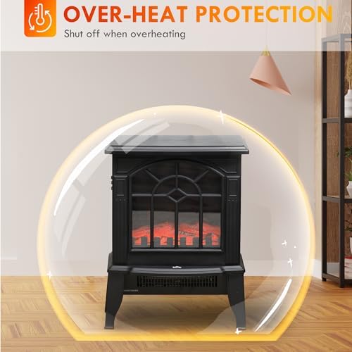 HOMCOM Electric Fireplace Stove 18" Freestanding Fireplace Heater Black | Realistic Flame, Overheating Protection, Portable, 750W/1500W