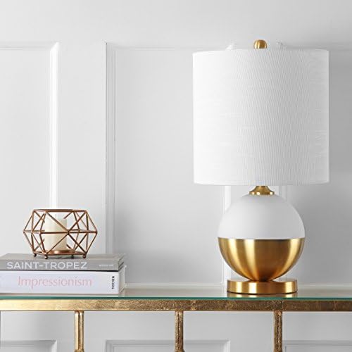 JONATHAN Y Carr Modern Table Lamp Ceramic Metal 23.5", White/Brass Gold | Contemporary Glam Nightstand Bedroom Desk Light, Linen Drum Shade, Silk Cord