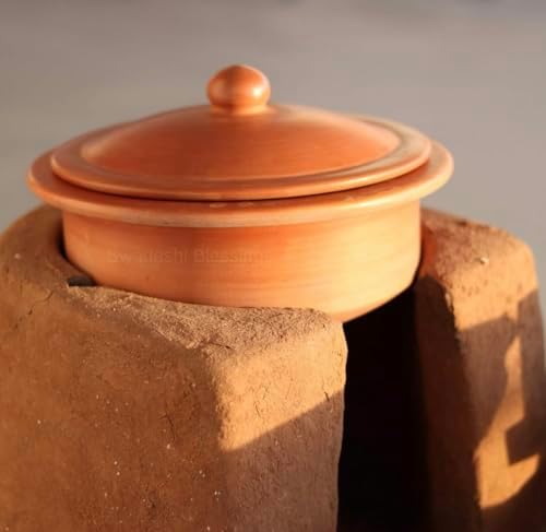 Swadeshi Blessings HandMade Unglazed Clay Pot for Cooking with Lid,2.5L,Red
