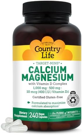 Country Life Target-Mins Calcium Magnesium with Vitamin D, 240 Capsules | 1,000 mg calcium, 500 mg magnesium and 10 mcg vitamin D per serving for bone health and calcium absorption