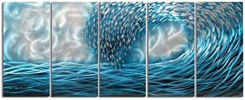 Yihui Arts Handcrafted 3D Metal Wall Art - Ocean Wave Sculpture, 5 - Panel Aluminum Decor for Living Room, Bedroom & Office
