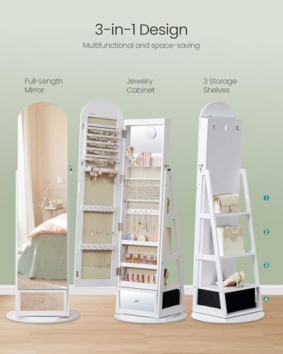 SONGMICS 360° Swivel Jewelry Cabinet, Full-Length Mirror, Lockable