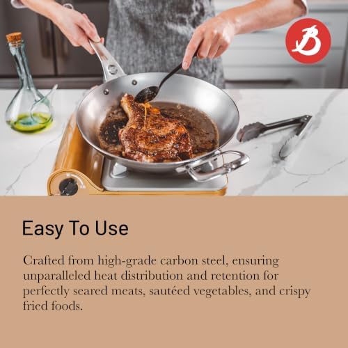 de Buyer MINERAL B Pro Carbon Steel Country Fry Pan with Helper Handle - 12.5” Diameter, 9” Cooking Surface - Ideal for Sauteing, Simmering
