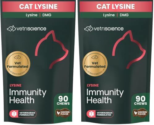VetriScience Lysine Immunity Health Chews, 250 mg Lysine Plus Immune Supplement for Cats and Kittens with Allergies, Sneezing, Runny Nose and Watery Eyes, Chicken, 120 Count