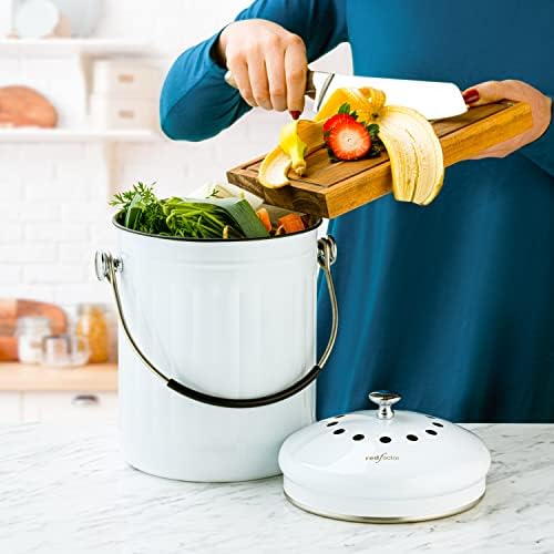 RED FACTOR Premium Compost Bin for Kitchen Countertop - Stainless Steel Food Waste Bucket with Innovative Dual Filter Technology - Includes Spare