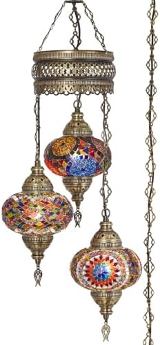 DEMMEX Plug-in Turkish Hanging Lamp, Handmade Moroccan Mosaic Chandelier Pendant Light Fixture with 15-ft Cord & Chain, Decorative Ceiling Lamp for Living Room, Bedroom, 3 Large 7'' Globes, 3.5 ft.