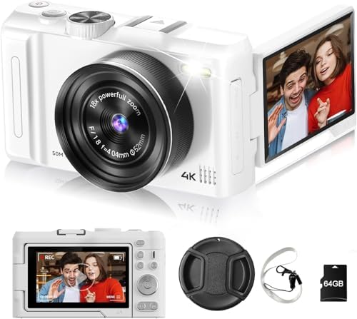 4K Digital Camera for Photography, 3" 180° Flip Screen with 64GB Card | 50MP Vlogging Camera, 4K Video Recording, 18X Digital Zoom, Built-In Flash, Compact Travel Size, Great For Teens & Beginner