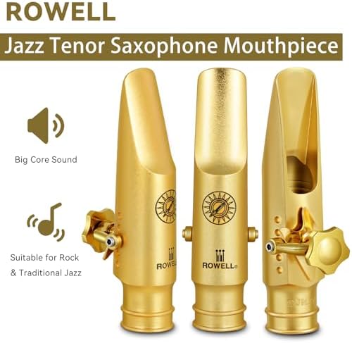 ROWELL Tenor Saxophone Metal Mouthpiece Jazz Sax Mouthpiece- 5-Level Adjustable Ligature & Protective Cap Full Tone for Jazz & Concert Band