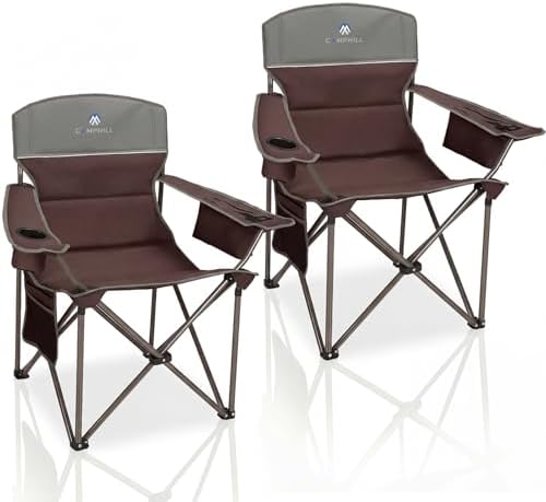Oversized Camping Chairs 2 Pack - Heavy Duty 400LBS Padded Lawn Chair with Cooler Bag,Cup Holder,Side Pocket,Collapsible for Outdoor,Camp,Fishing & Garden,Dark Green