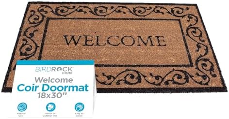 BIRDROCK HOME Welcome Coir Doormat with Scroll Border | 18 x 30 Inch | Standard Welcome Mat with Black Decorative Border | Natural Fade | Vinyl