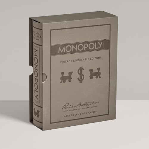 WS Game Company Monopoly Vintage Bookshelf Edition Board Game Premium Fabric-Wrapped Book Storage Box with Retro Graphics, Wooden Houses
