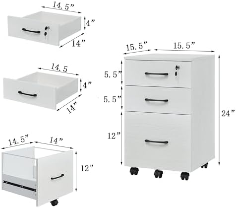 File Cabinet With Lock, 3 Drawer Wood Rolling Filing Under Desk for Home Office, Storage Fits Letter/A4 Size, Mobile Printer Stand, White