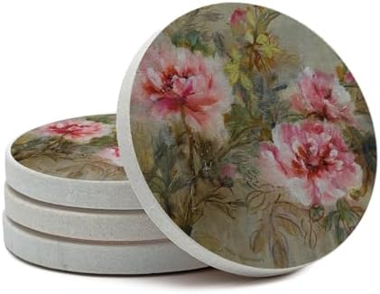 Thirstystone Paeona II Natural Sandstone Coaster 4 Pack | 4” Diameter, Manufactured in the USA, Protective Cork Backing
