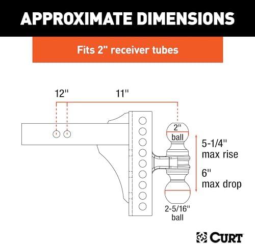 CURT 45900 Adjustable Dual-Ball Channel Mount, 2" Shank, 6" Drop | 2" Ball Rated 10, 000 lb, 2-5/16" Ball Rated 14, 000 lb, 5-1/4" Rise