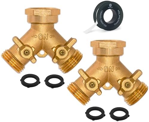 Brass Heavy-Duty Garden Hose Water Splitter | LEAD-FREE 2-Way Y Splitter for Water Spigot & Faucet | Manifold Connector ON/OFF Valves w/Improved Comfort Grip, 3 Extra Washers & Teflon Tape