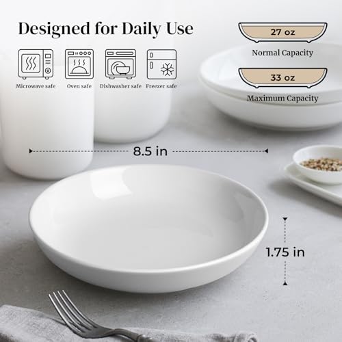 DOWAN 8.5" Pasta Bowls, 32oz Salad Bowls Set of 6, Natural White Ceramic Serving Bowls
