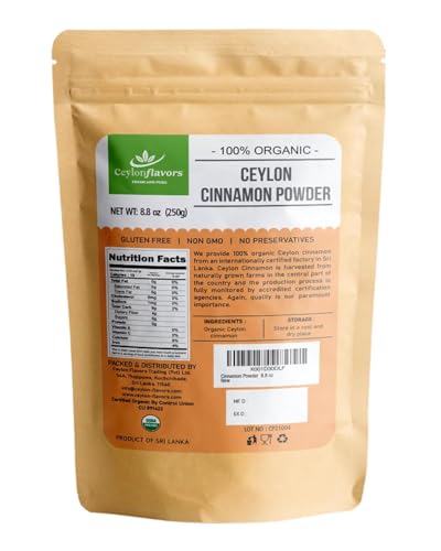 Ceylon Flavors Organic Ceylon Cinnamon Powder, Premium Special Grade, Non GMO, Harvested from a USDA Certified Organic Farm in Sri Lanka (3.5 oz)