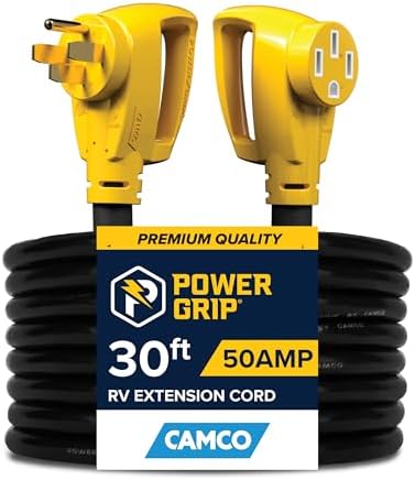 Camco Power Grip 25-Ft 50 Amp RV Extension Cord - NEMA 14-50P Male & FSS2-50R Locking Female Connectors - Rated for 125/250 V/12,500 W - Features Copper 6/3 + 8/1-Gauge Wires for Conductivity (55542)