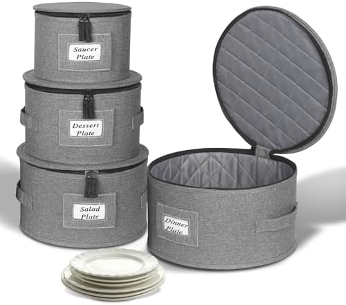 4PCS China Storage Containers, Hard Shell Dish Storage Containers w/ Felt Dividers, Quilted Plate Storage Cases for 12 Place Setting Charger Plates Dinnerware, Stackable Moving Boxes for Dishes
