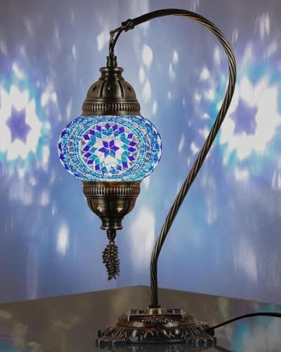 DEMMEX Turkish Table Lamp Moroccan Bedside Light Handmade Tiffany Mosaic Glass Boho Artisan Accent Lighting for Bedroom Living Room, Antique Brass Finish – 15" H, Multicolor