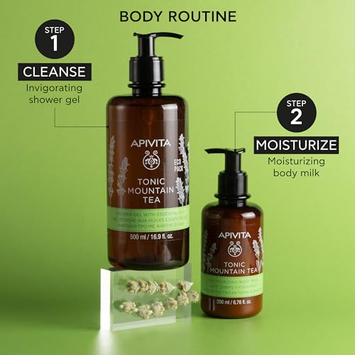 APIVITA Tonic Mountain Tea Shower Gel | Gently Cleanses, Revitalizes & Preserves Moisture with Mountain Tea, Propolis & Essential Oils