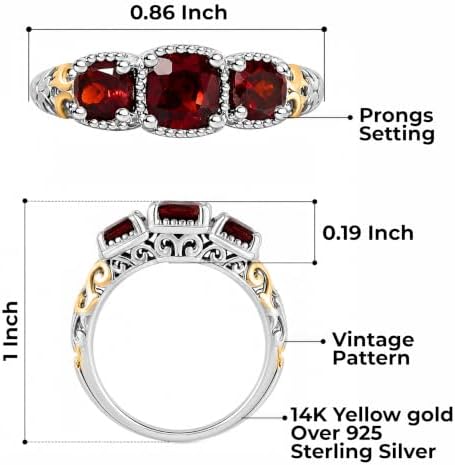3 Stone Garnet Ring Silver with 14K Gold Plating January Birthstone Ring